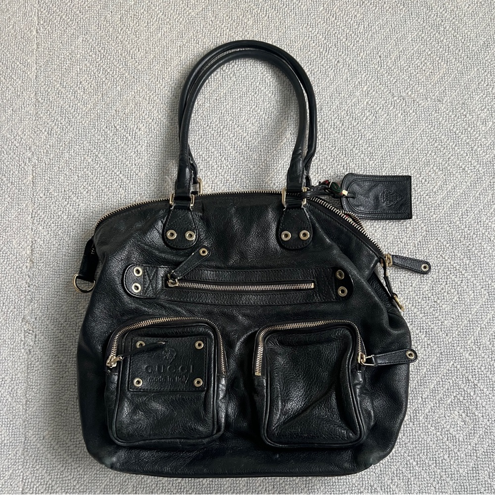 Genuine black Gucci leather medium voyager tote, gold harware